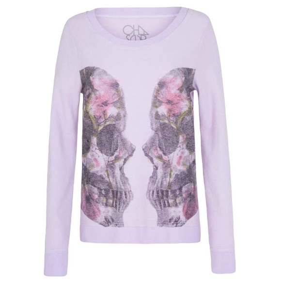 Chaser Twin Skulls Crew Neck Sweatshirt Top Size Medium in Pale Lavender - Picture 6 of 16